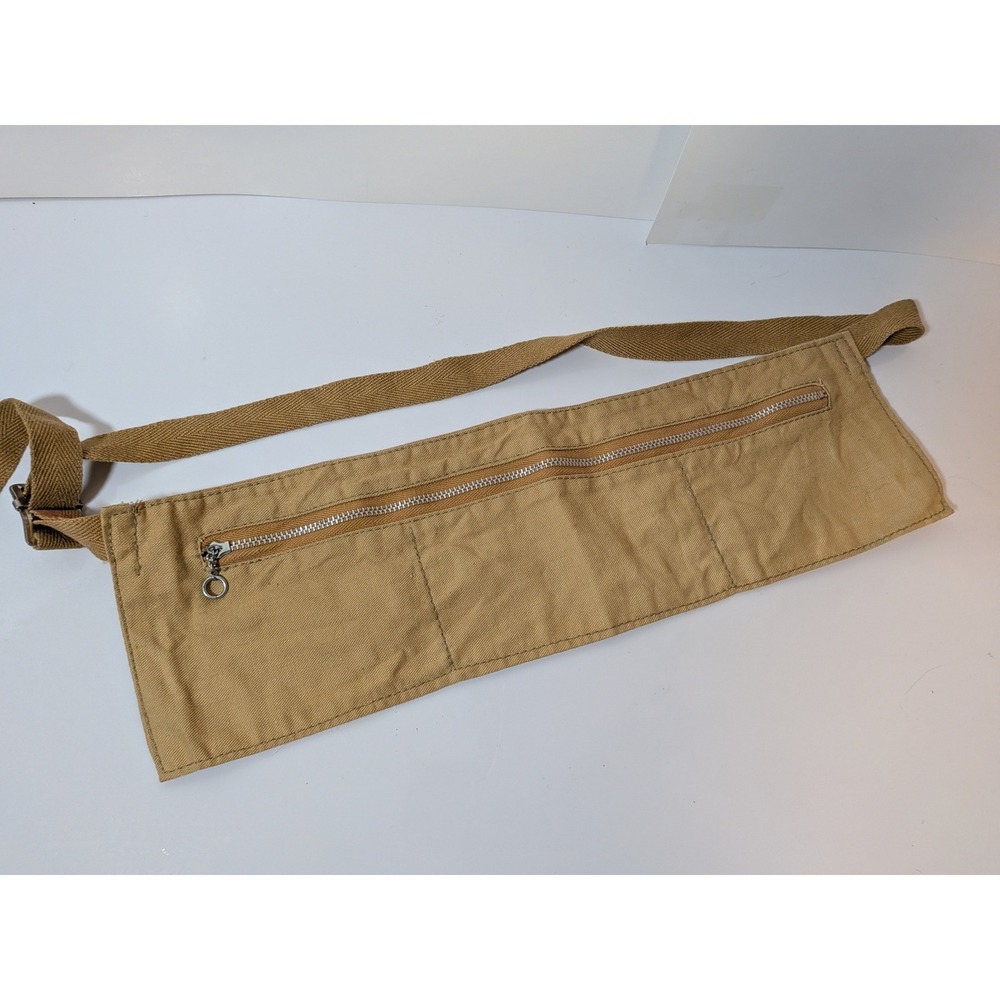 Vintage Khaki Canvas Waist Apron Bag Zippered Utility Pouch Tan Adjustable Strap